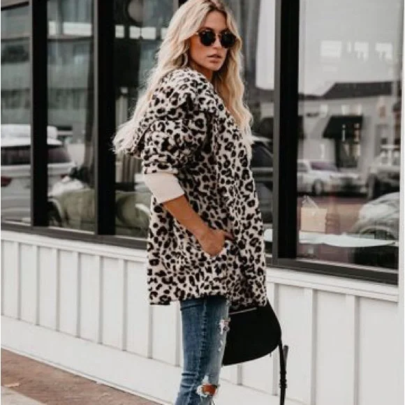 Women Leopard plush hooded jacket coat winter cardigan with pockets - Picture 4 of 6
